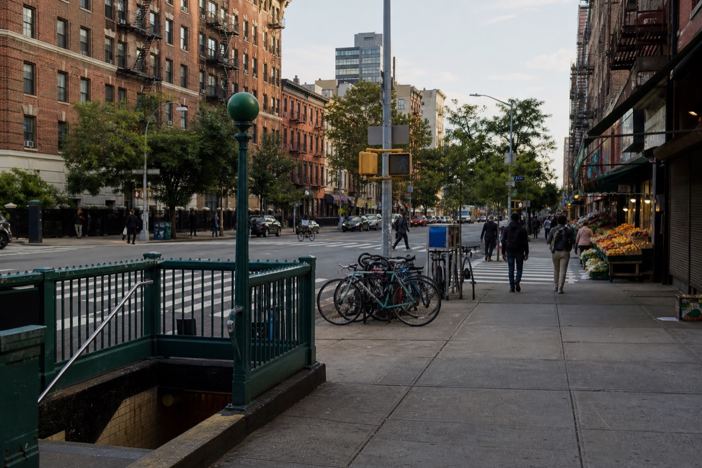 NYC residential block with subway access, groceries and bike parking