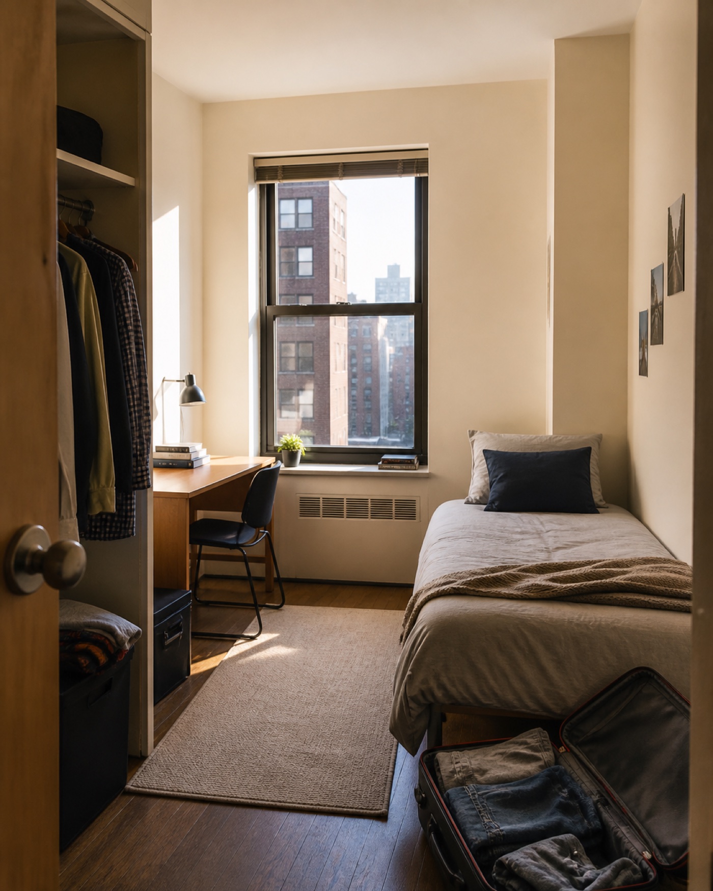 Compact furnished NYC intern room with a bed, desk, open closet and suitcase