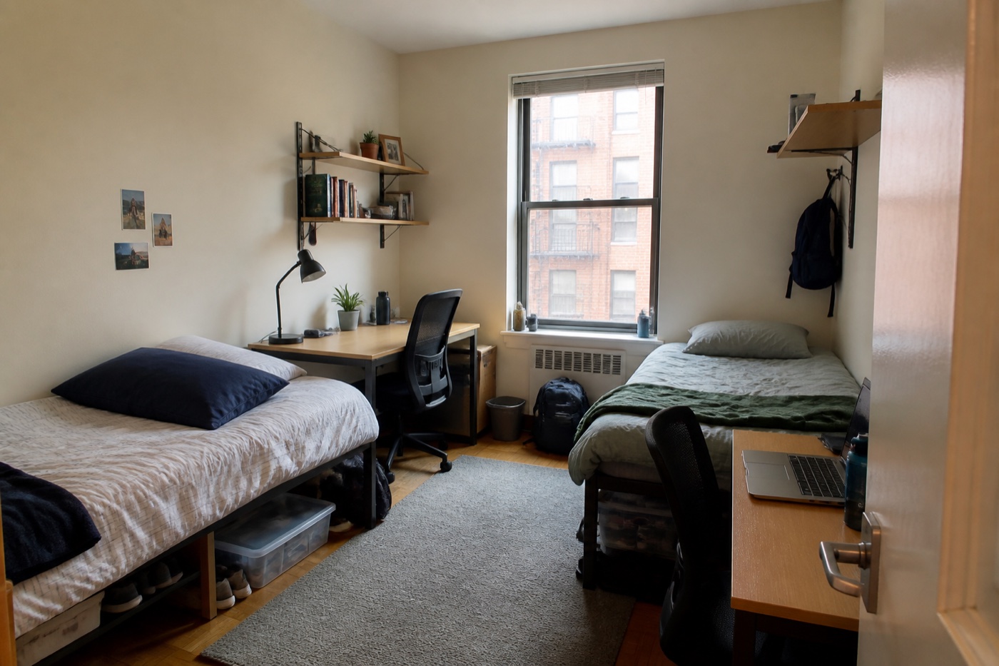 Shared NYC intern room with two beds, desks and practical storage